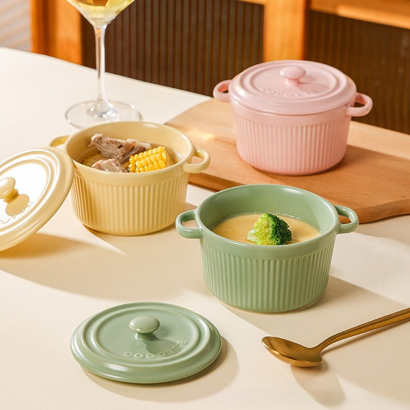 Ceramic Double Handle Soup Bowl with lid